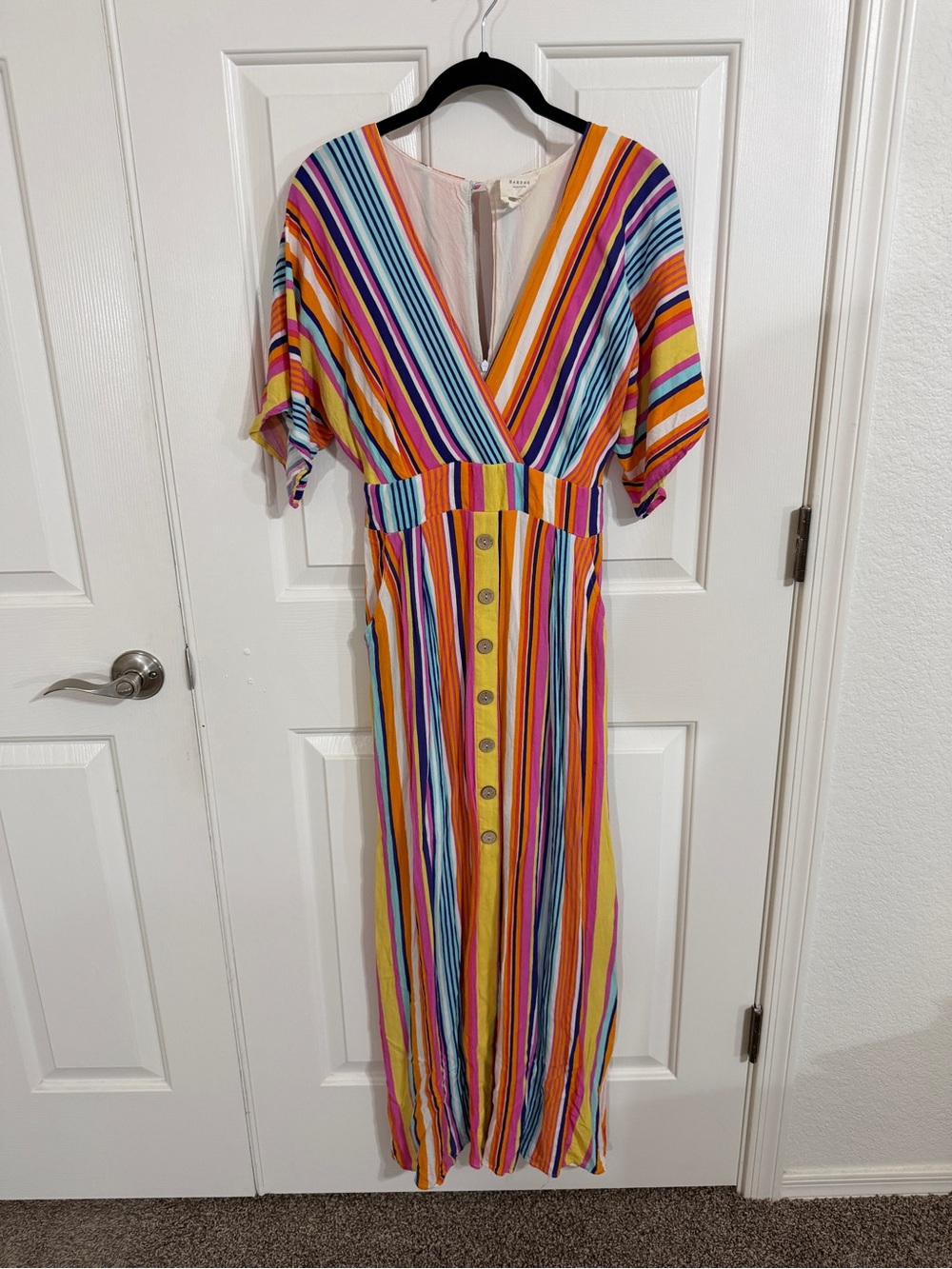 Harper Heritage Francesca’s M Rainbow Striped Maxi Dress Pockets Button